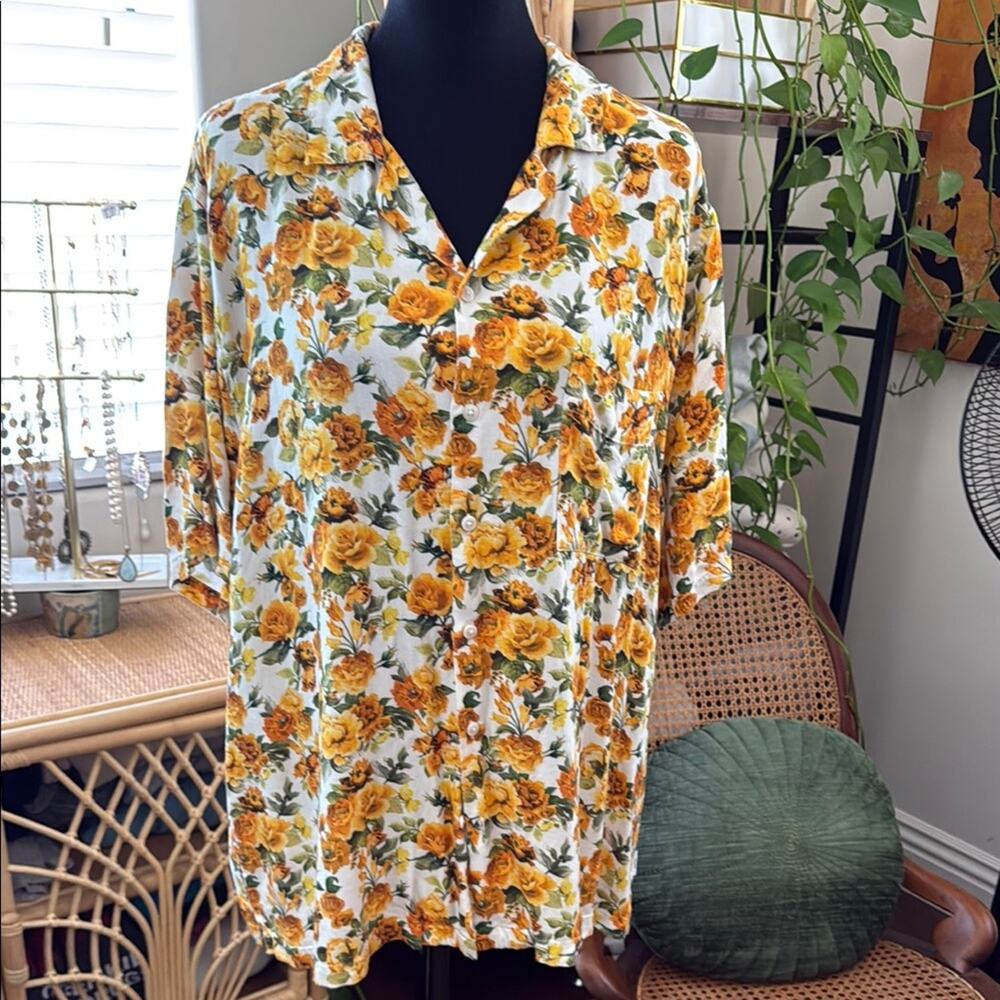 Onia Goldenrod Rose Floral Button Up Short Sleeve Femme Cottage Garden Top